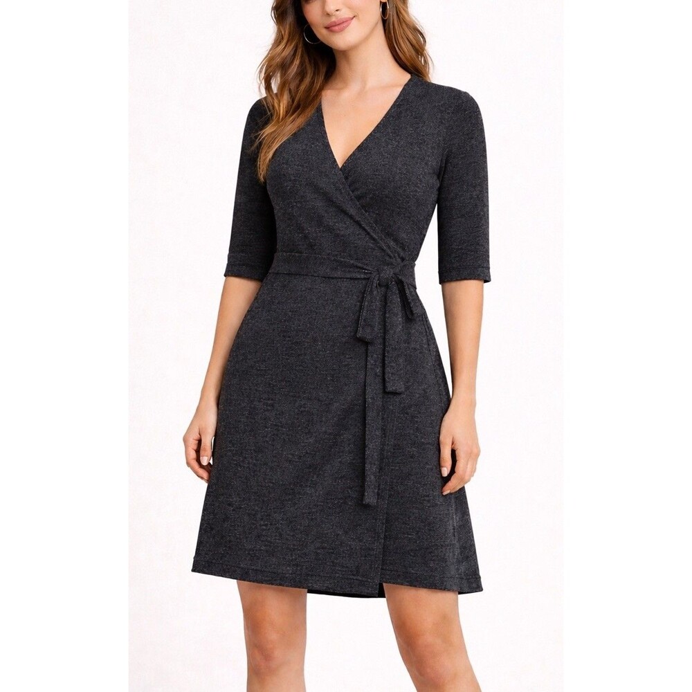 prAna Corissa Faux Wrap Dress Womens Medium Lightweight Knit Charcoal Black NWT